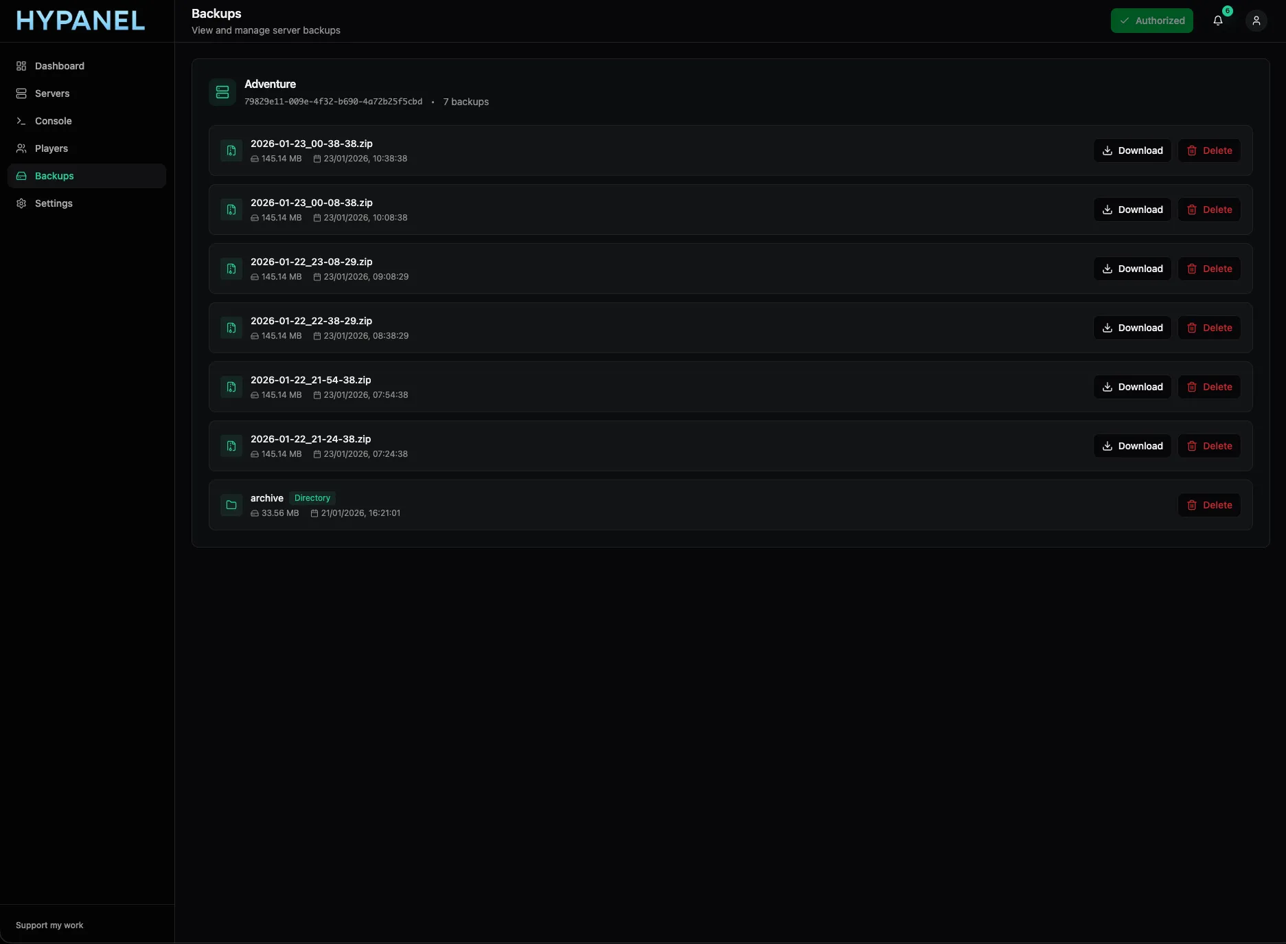 Hypanel Backup Management
